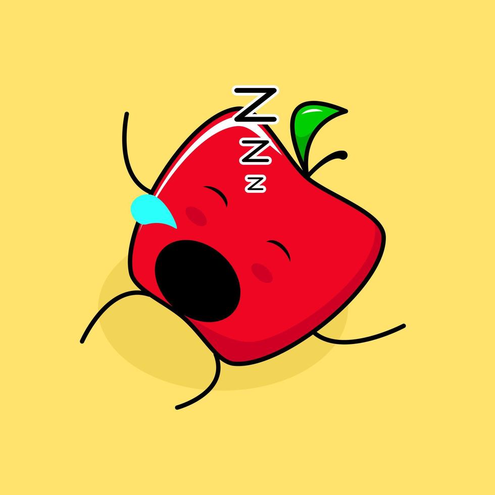 lindo personaje de manzana roja con expresión de sueño, acostarse, cerrar los ojos y abrir la boca. verde y rojo. adecuado para emoticonos, logotipos, mascotas e iconos vector