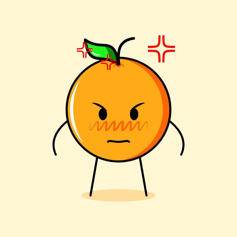 lindo personaje de dibujos animados naranja expresión enojada. amarillo y verde. ponerse de pie y mirar. adecuado para logotipos, iconos, símbolos o mascotas vector