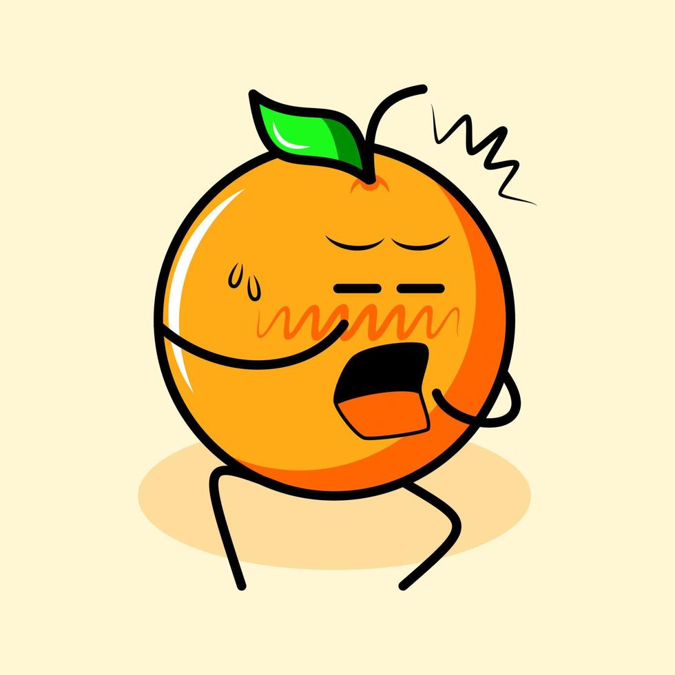 lindo personaje naranja con hoja, expresión de miedo, cerrar los ojos y sentarse. caricatura, emoticono, moderno, fresco, contorno y logotipo de mascota. adecuado para logotipo, icono y signo vector