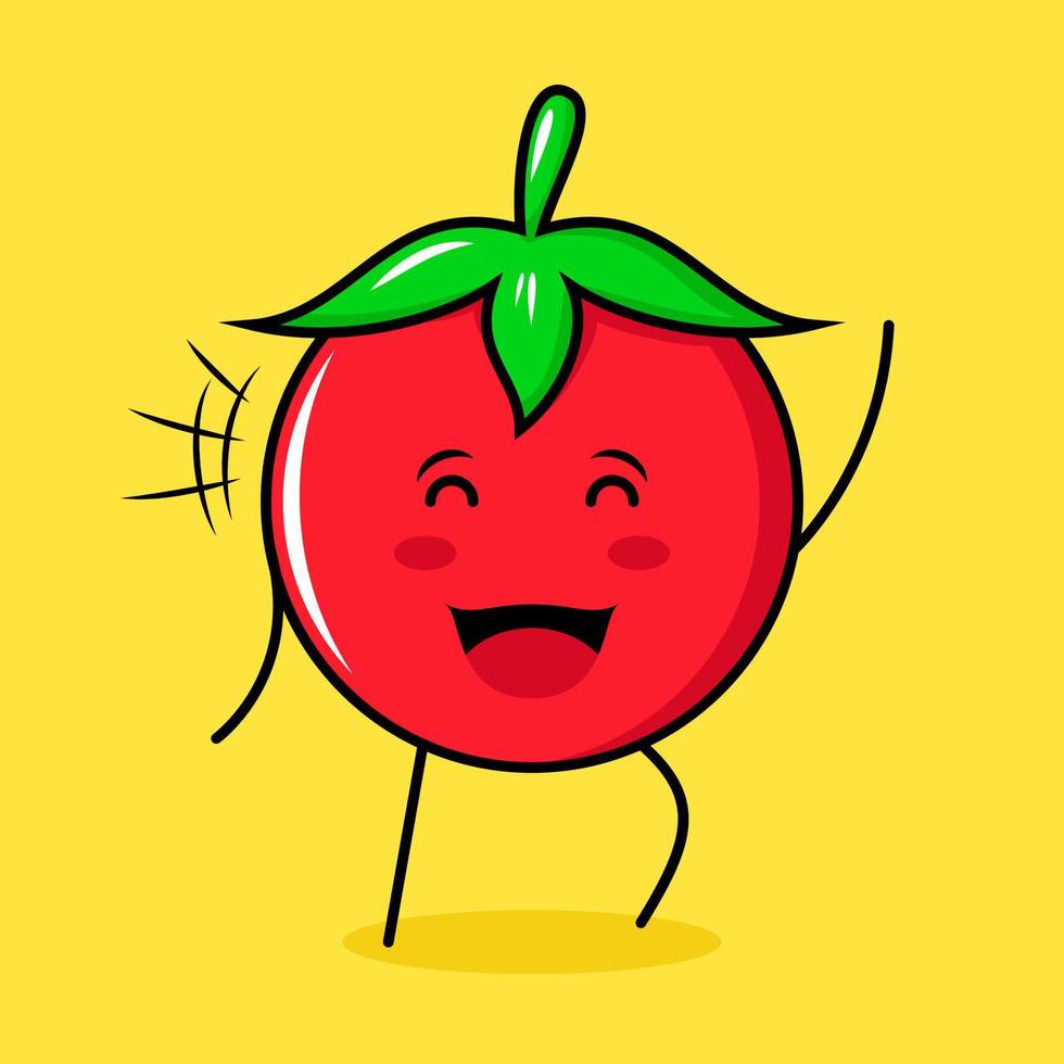 lindo personaje de tomate con expresión feliz, ojos cerrados y una mano arriba. verde, rojo y amarillo. adecuado para emoticonos, logotipos, mascotas vector