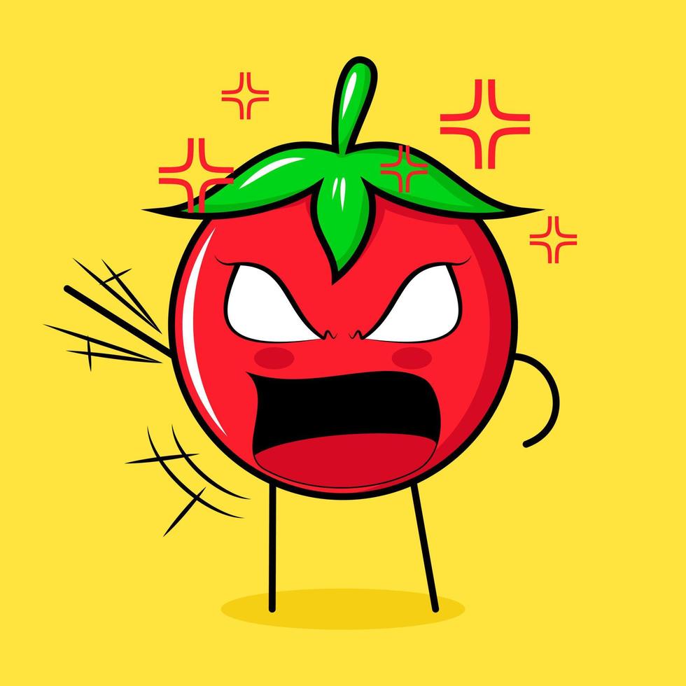 lindo personaje de tomate con expresión enojada. verde, rojo y amarillo. adecuado para emoticonos, logo, mascota. una mano levantada, ojos saltones y boca abierta vector