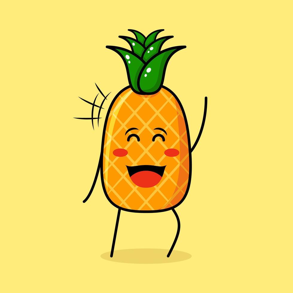 cute pineapple character with happy expression, close eyes and one hand up. green and yellow. suitable for emoticon, logo, mascot vector