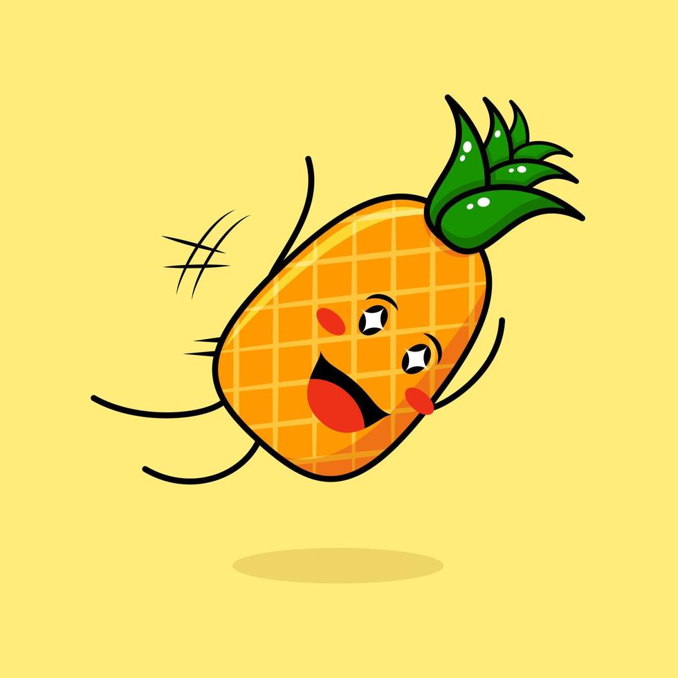 lindo personaje de piña con expresión feliz, mosca de salto, boca abierta y ojos brillantes. verde y amarillo. adecuado para emoticonos, logotipos, mascotas vector