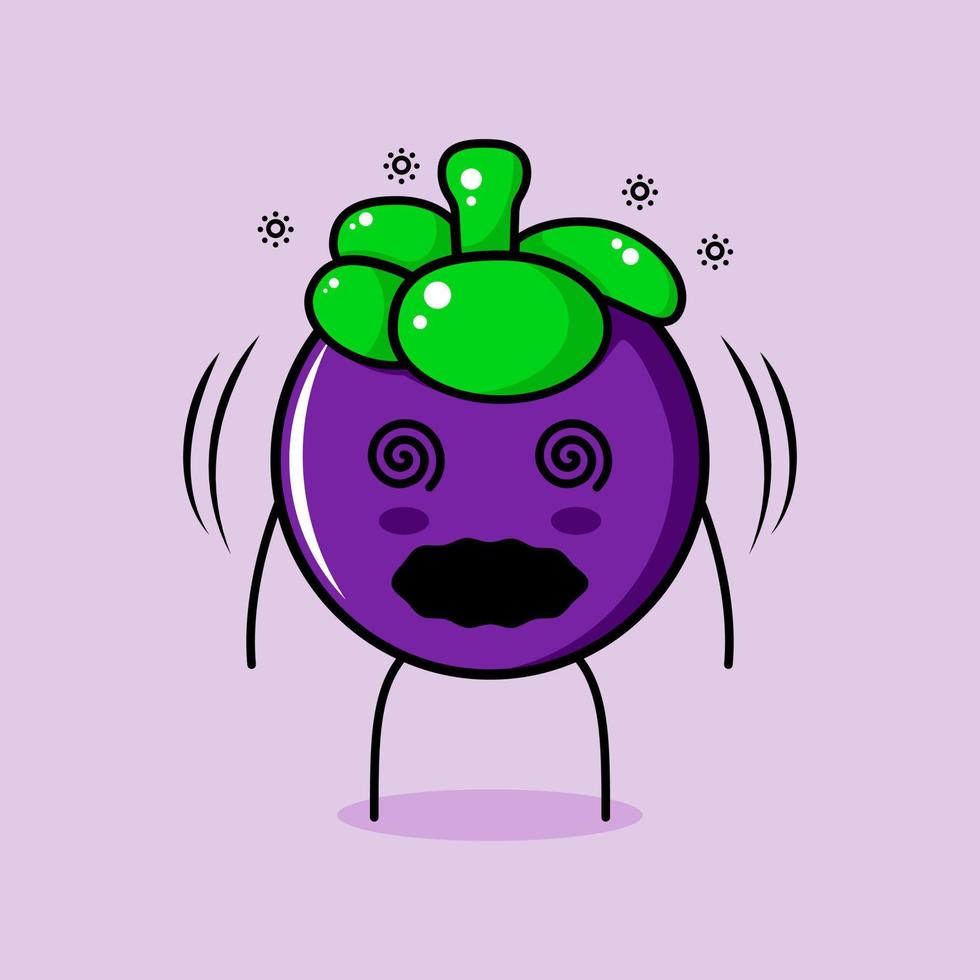 lindo personaje de mangostán con expresión mareada y ojos rodantes. verde y morado. adecuado para emoticonos, logotipos, mascotas e iconos vector