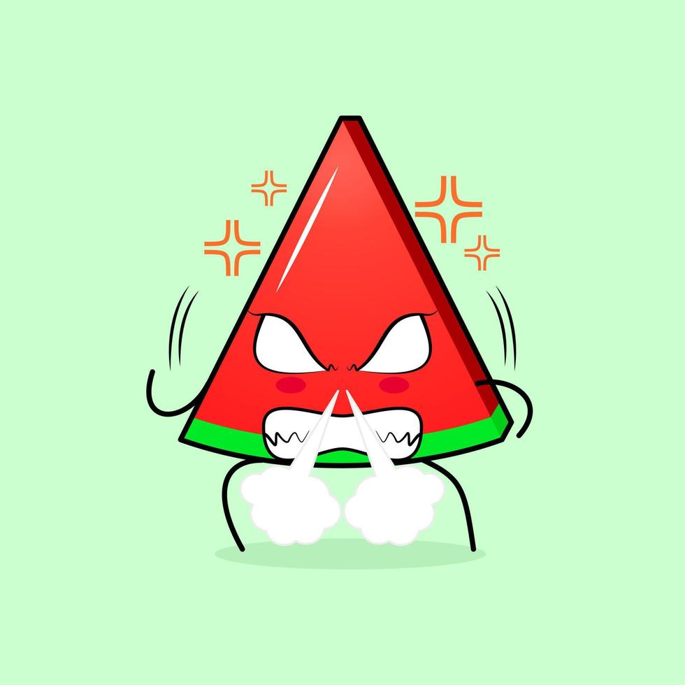 cute watermelon slice character with angry expression. nose blowing smoke, eyes bulging and grinning. green and red. suitable for emoticon, logo, mascot vector