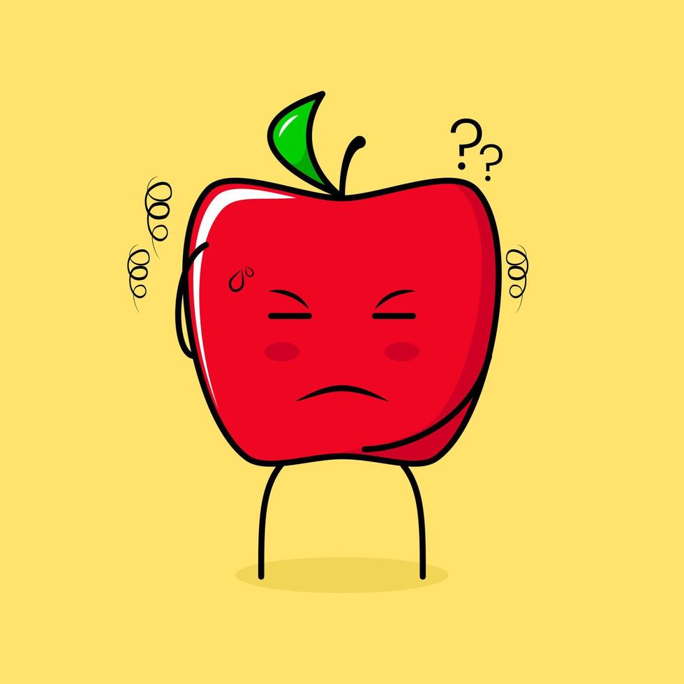 cute red apple character with thinking expression, one hand on head and close eyes. green and red. suitable for emoticon, logo, mascot vector