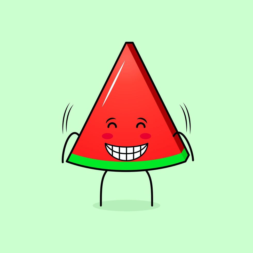 lindo personaje de rebanada de melón con sonrisa y expresión feliz, ojos cerrados y sonriente. verde y rojo. adecuado para emoticonos, logotipos, mascotas e iconos vector