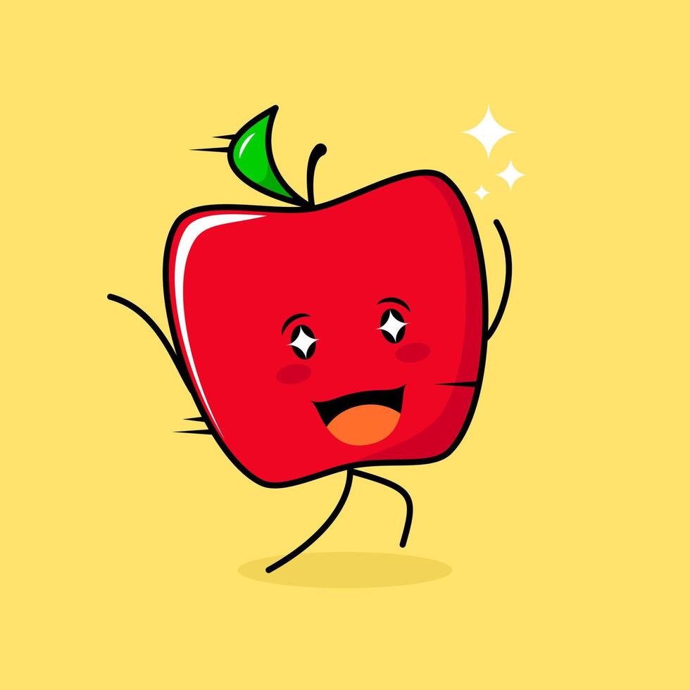 lindo personaje de manzana roja con sonrisa y expresión feliz, correr, dos manos arriba y ojos brillantes. verde y rojo. adecuado para emoticonos, logotipos, mascotas e iconos vector