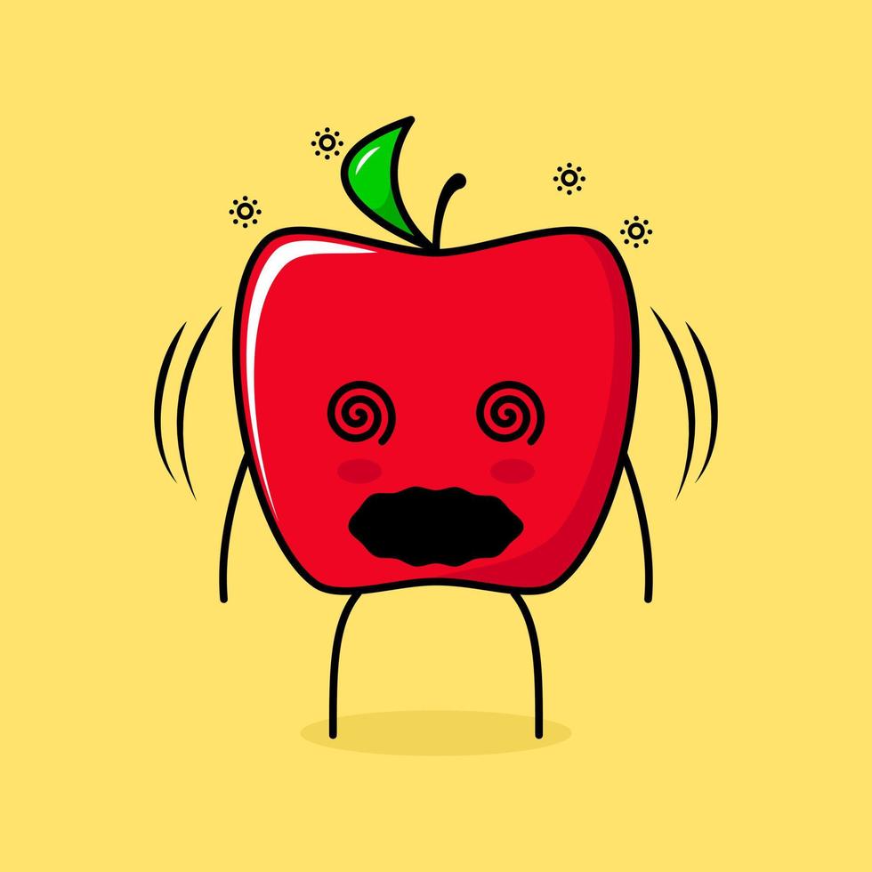 cute red apple character with dizzy expression and rolling eyes. green and red. suitable for emoticon, logo, mascot and icon vector