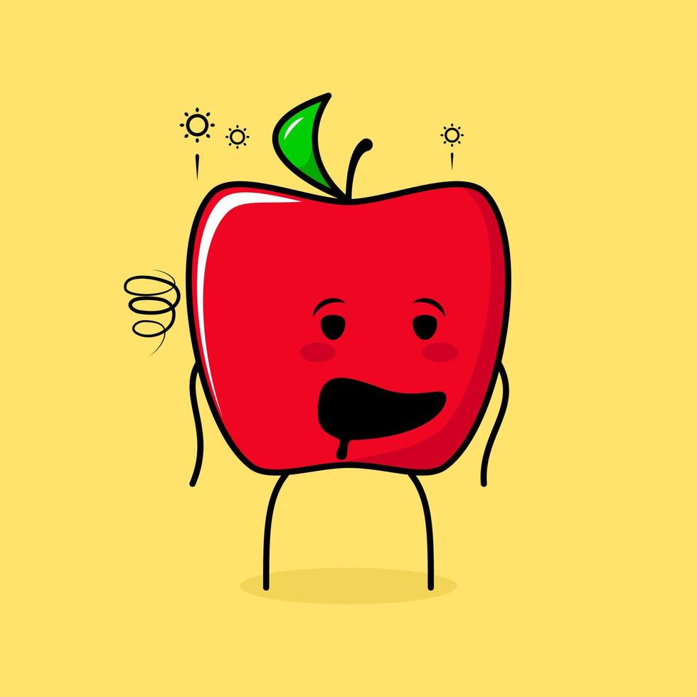 cute red apple character with drunk expression and mouth open. green and red. suitable for emoticon, logo, mascot and icon vector