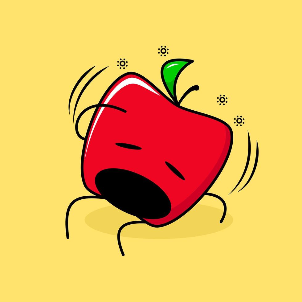 cute red apple character with dizzy expression, mouth open, sit down and one hand on head. green and red. suitable for emoticon, logo, mascot and icon vector