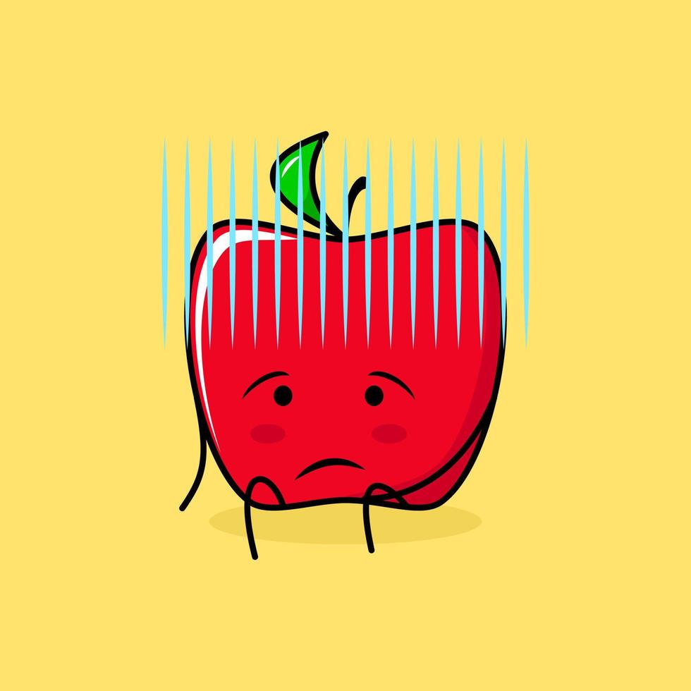 cute red apple character with hopeless expression and sit down. green and red. suitable for emoticon, logo, mascot and icon vector