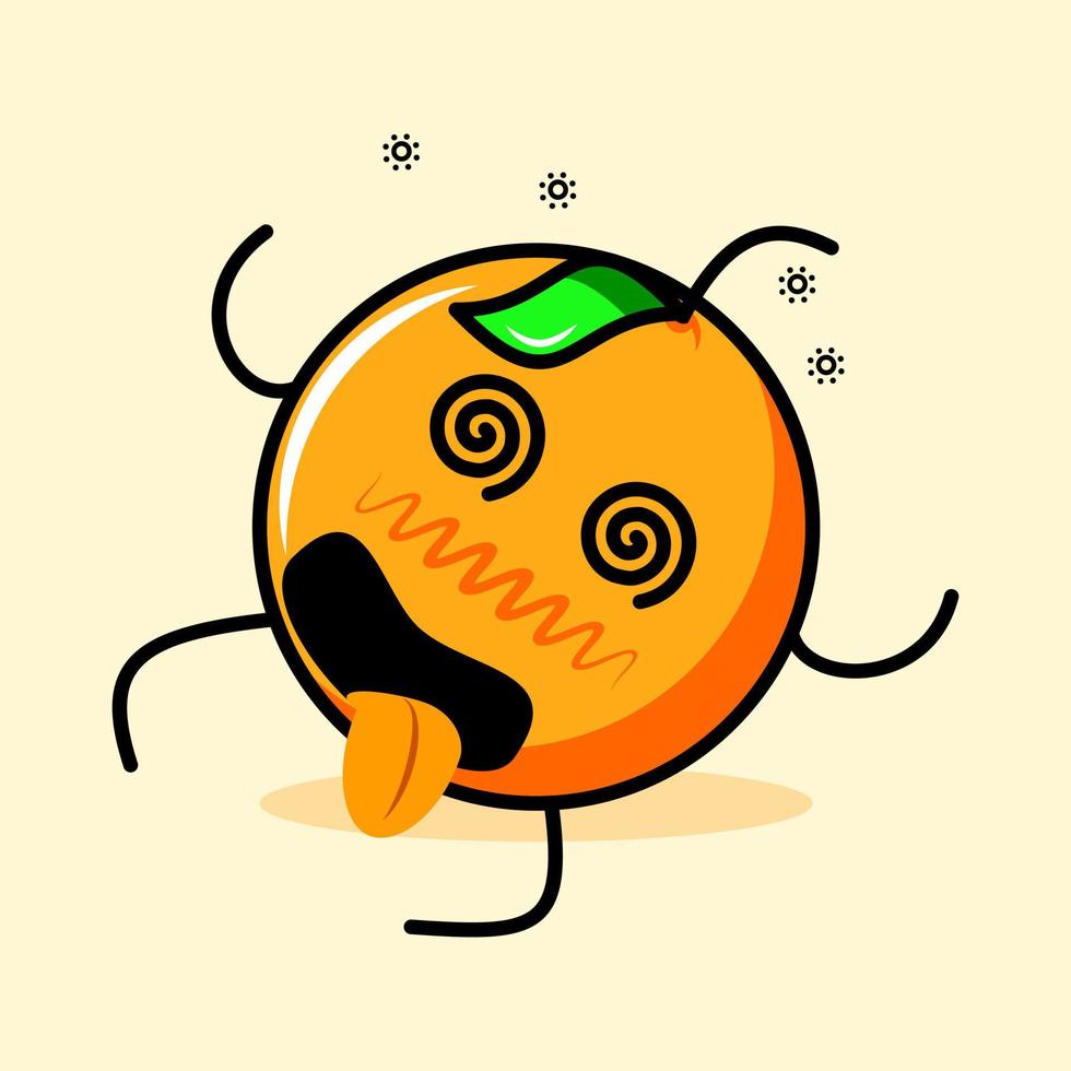 lindo personaje naranja con hoja, expresión mareada, ojos cerrados, boca sacando la lengua y cansado. caricatura, emoticono, moderno, fresco, contorno y logotipo de mascota. adecuado para logotipo, icono y signo vector