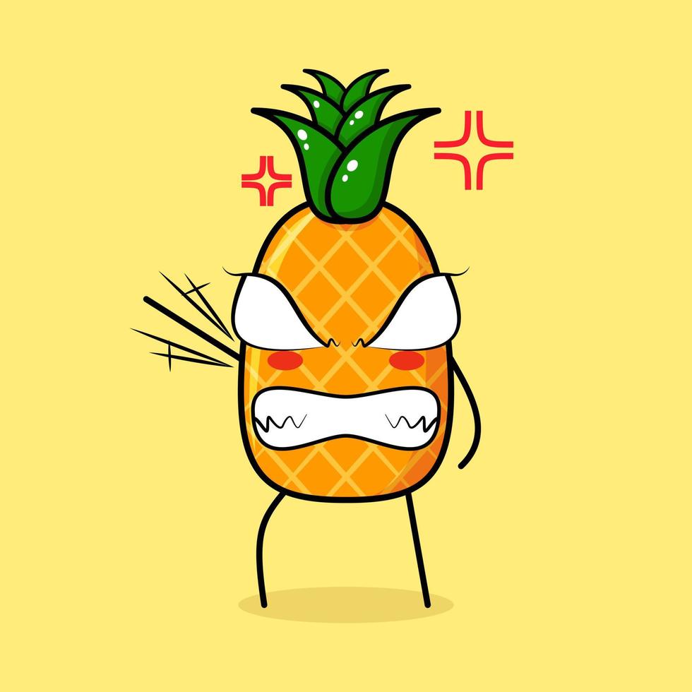 lindo personaje de piña con expresión enojada. verde y amarillo. adecuado para emoticonos, logo, mascota. una mano levantada, ojos saltones y sonriendo vector