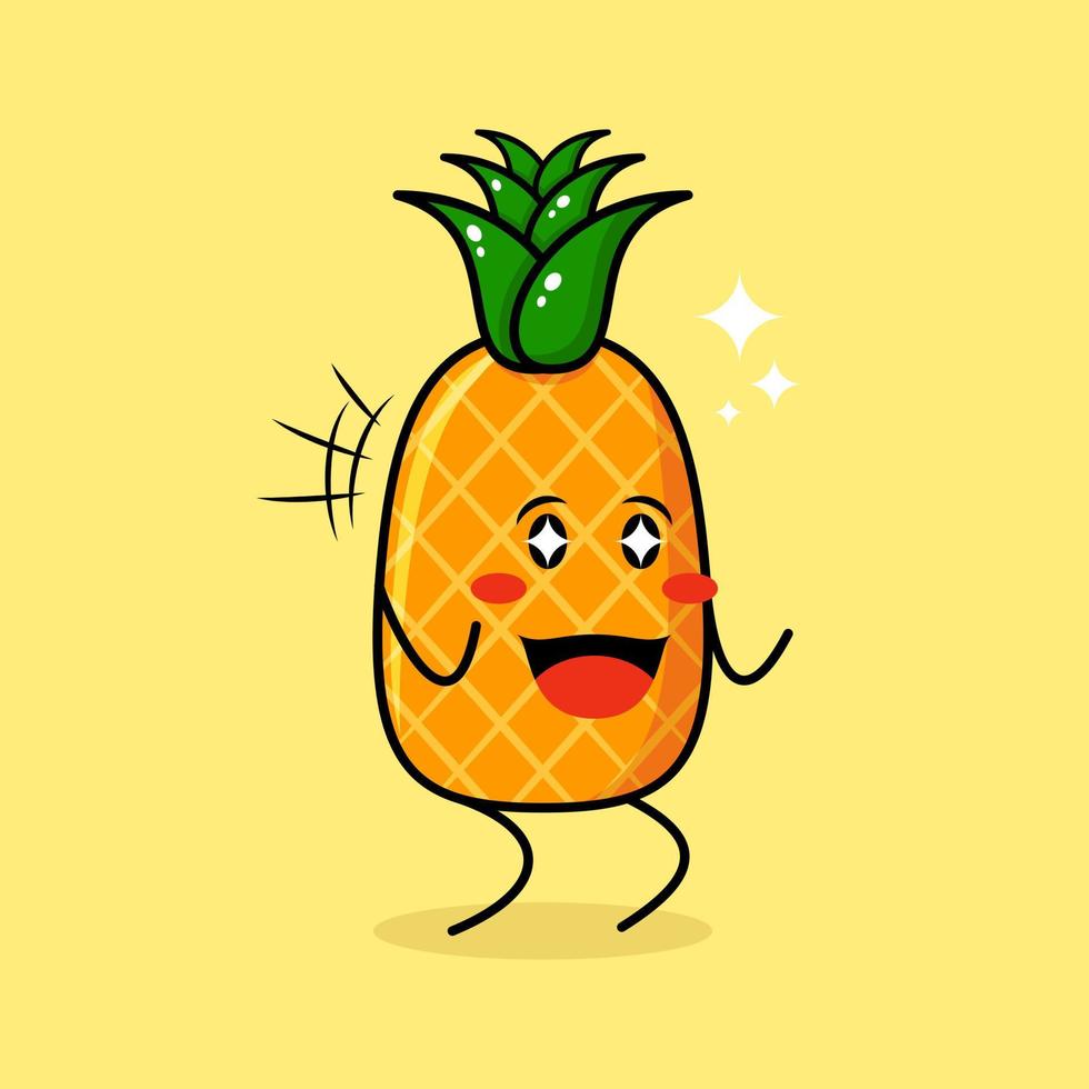 cute pineapple character with happy expression, two hands clenched and sparkling eyes. green and yellow. suitable for emoticon, logo, mascot vector