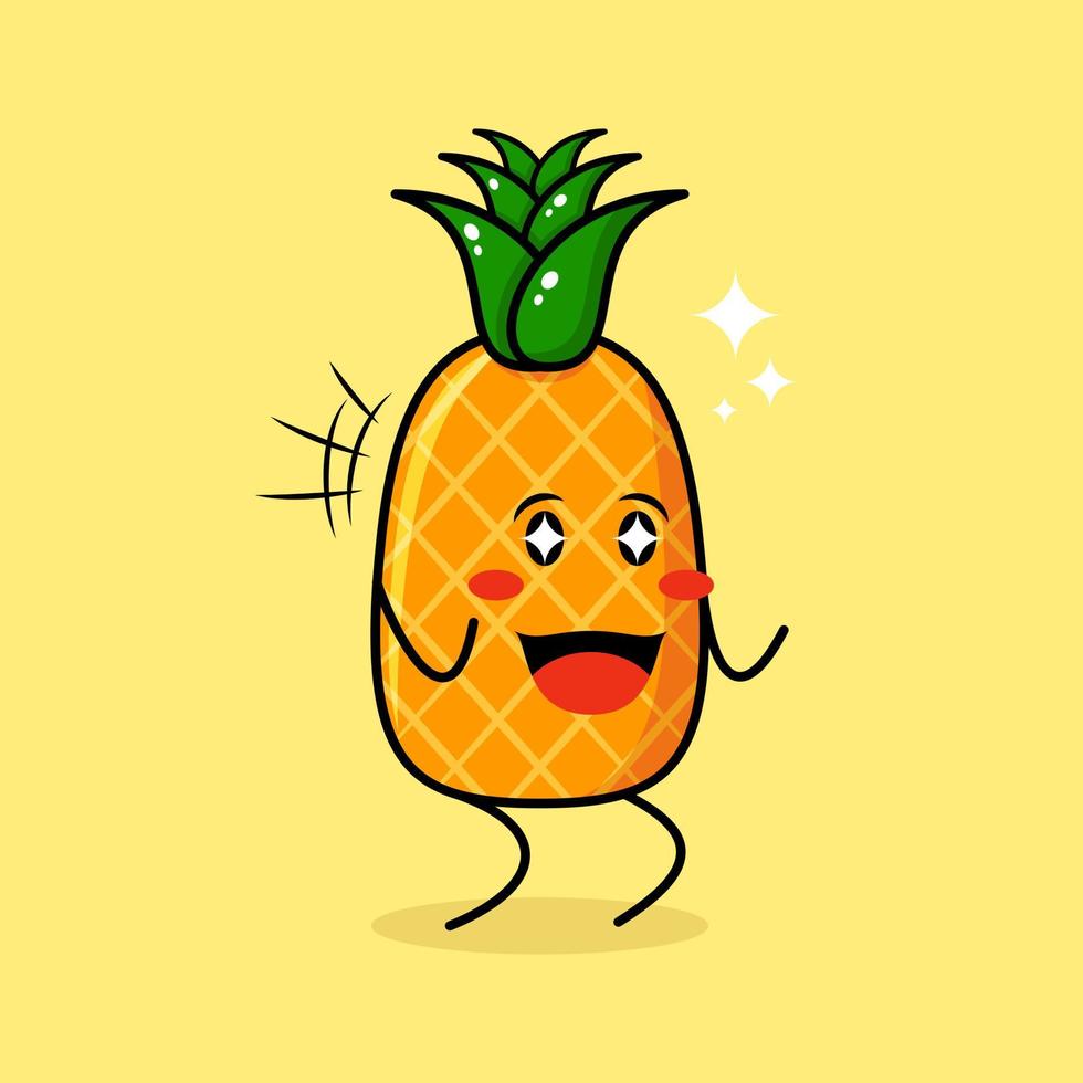 lindo personaje de piña con expresión feliz, dos manos apretadas y ojos brillantes. verde y amarillo. adecuado para emoticonos, logotipos, mascotas vector