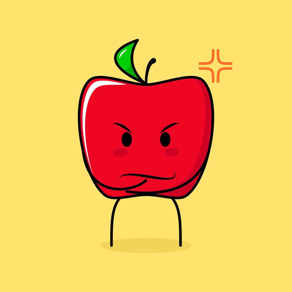 lindo personaje de manzana roja con expresión enojada. verde y rojo. adecuado para emoticono, logo, mascota. una mano en la barbilla vector