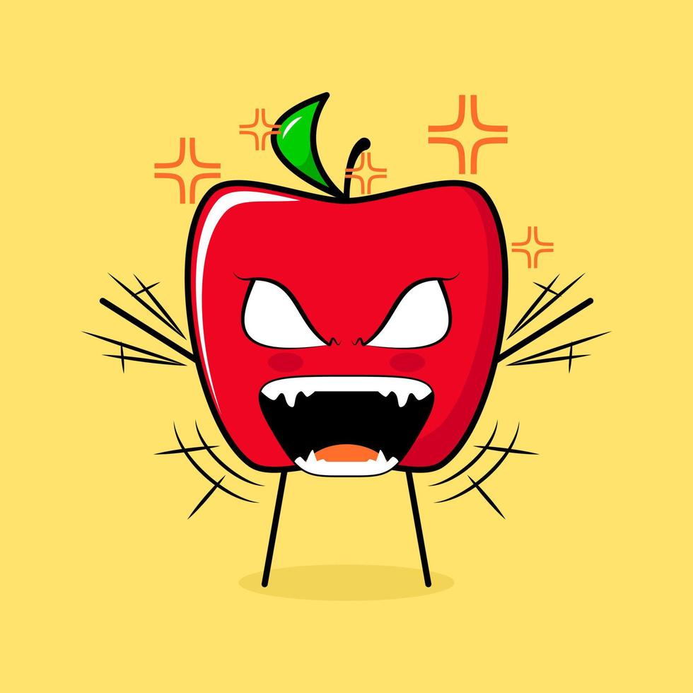 cute red apple character with angry expression. both hands raised, eyes bulging and mouth wide open. green and red. suitable for emoticon, logo, mascot vector