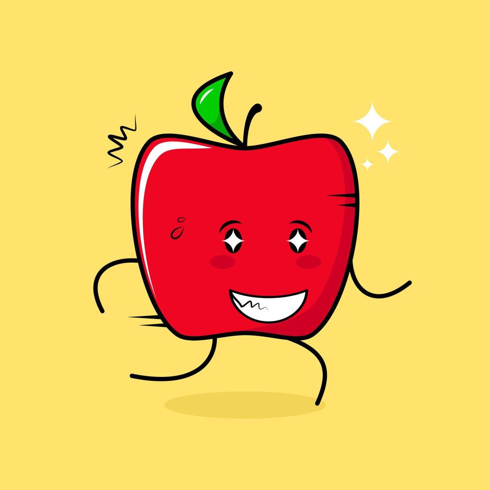 lindo personaje de manzana roja con expresión feliz, ojos brillantes, correr y sonreír. verde y rojo. adecuado para emoticonos, logotipos, mascotas e iconos vector