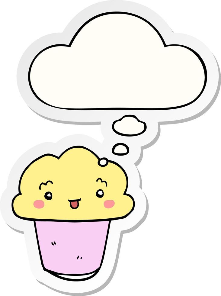 cartoon cupcake with face and thought bubble as a printed sticker vector