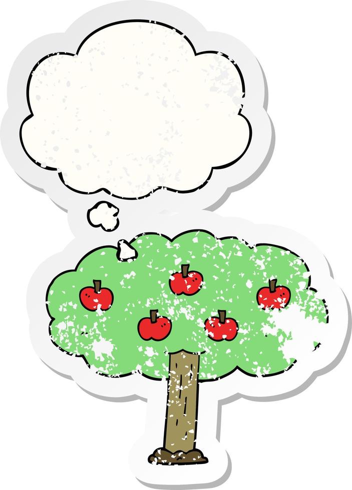 cartoon apple tree and thought bubble as a distressed worn sticker vector
