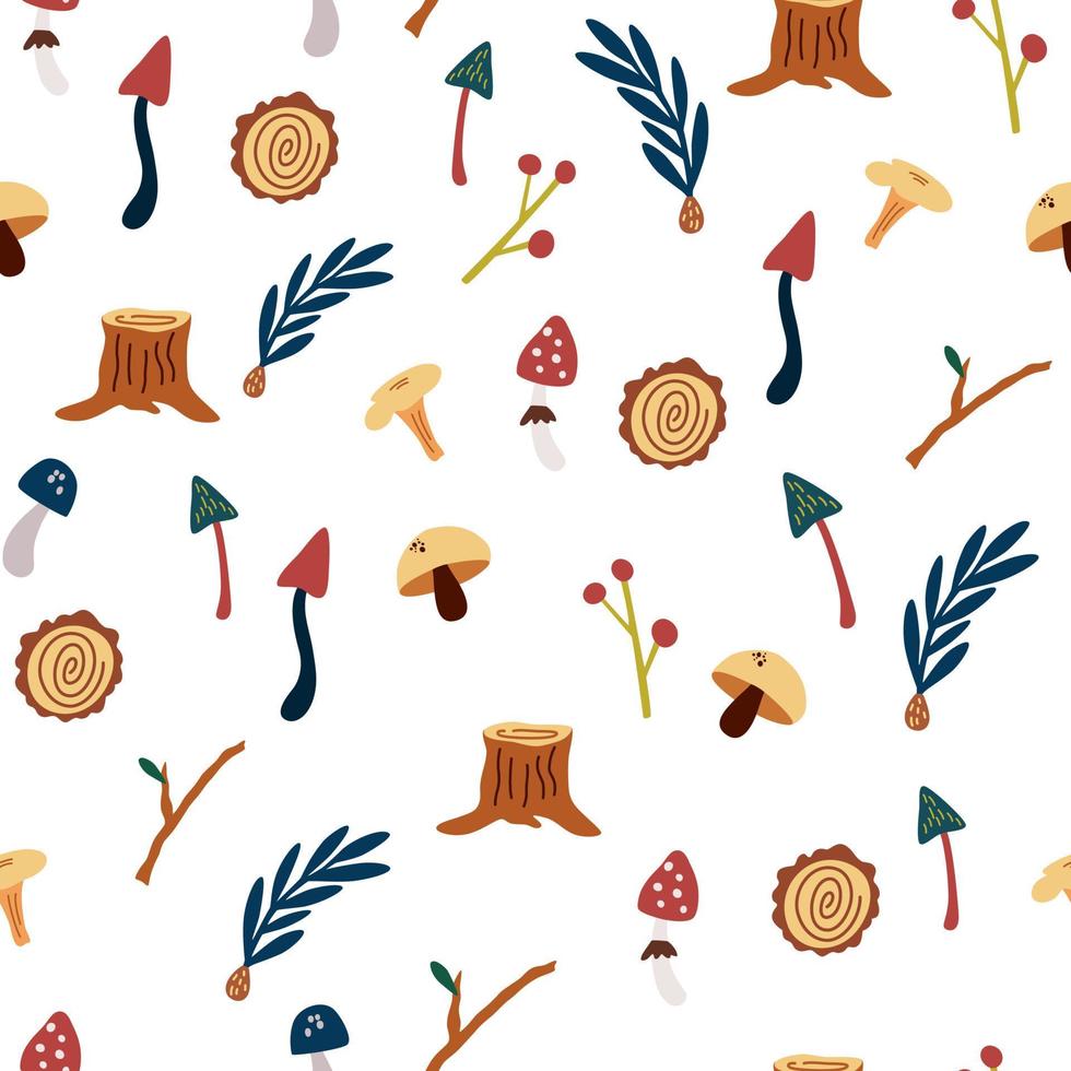 Mushrooms and twigs seamless pattern. Forest plants elements. Wild botanical set. Scandinavian style. Vector background for fabric, textile, apparel, wallpaper.