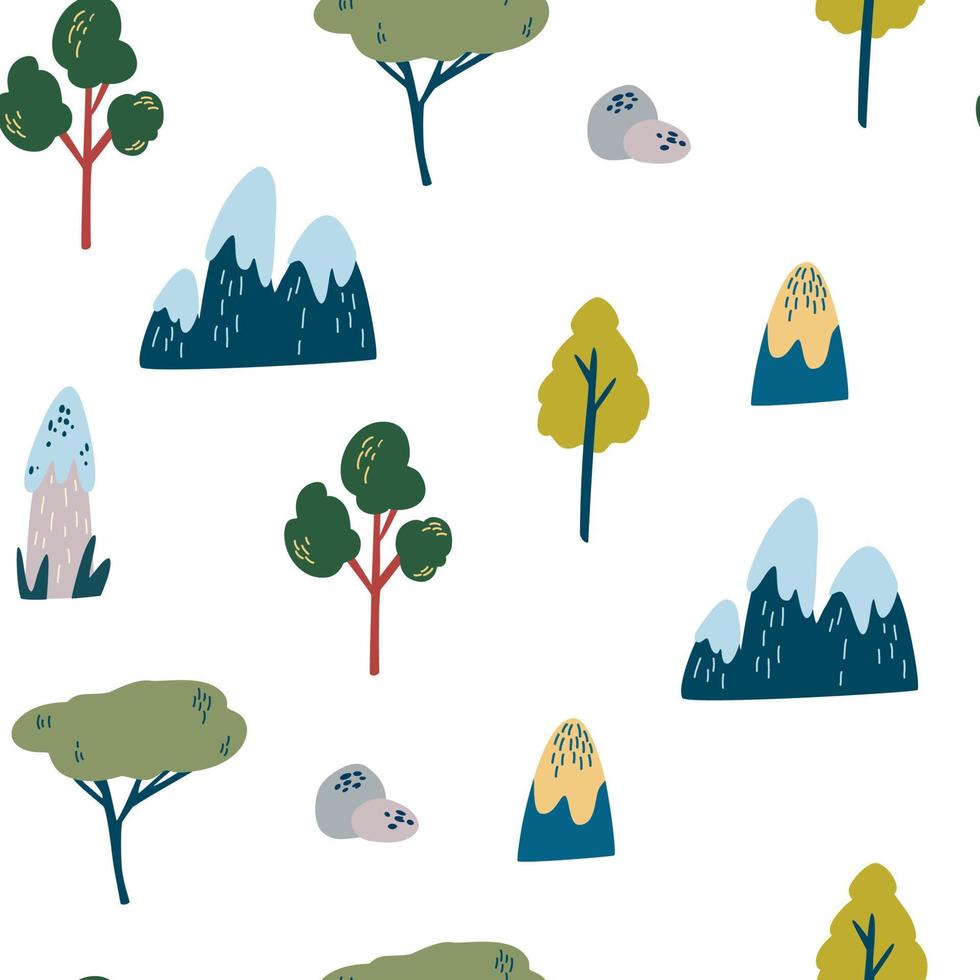 Mountains and trees seamless pattern. Forest plants elements. Landscape. Wild botanical set. Scandinavian style. Vector background for fabric, textile, apparel, wallpaper.