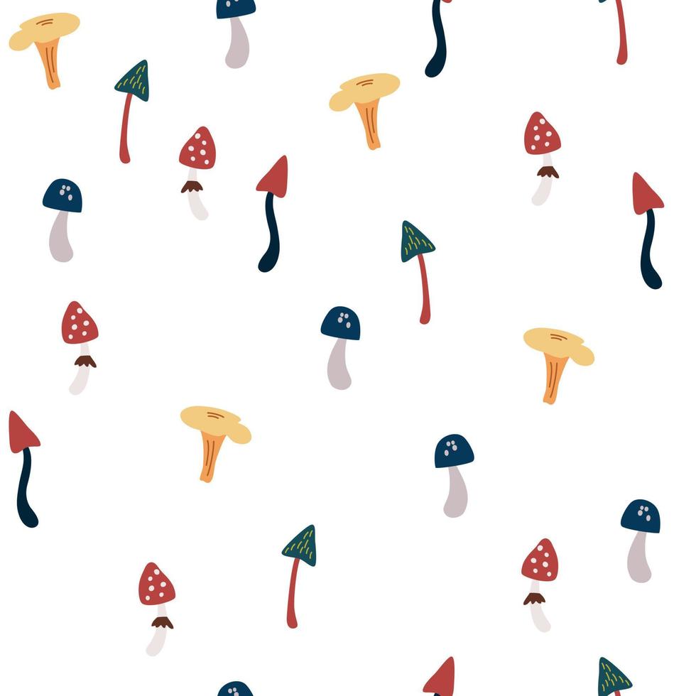 Mushrooms seamless pattern. Forest plants elements. Wild botanical set. Scandinavian style. Vector background for fabric, textile, apparel, wallpaper.