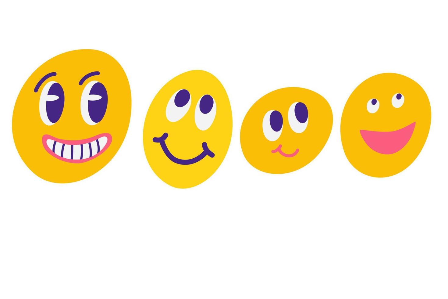Round abstract comic Faces with different emotions. Emojis. Various colorful characters. Cartoon style. Flat design. Hand-drawn fashionable vector illustration.