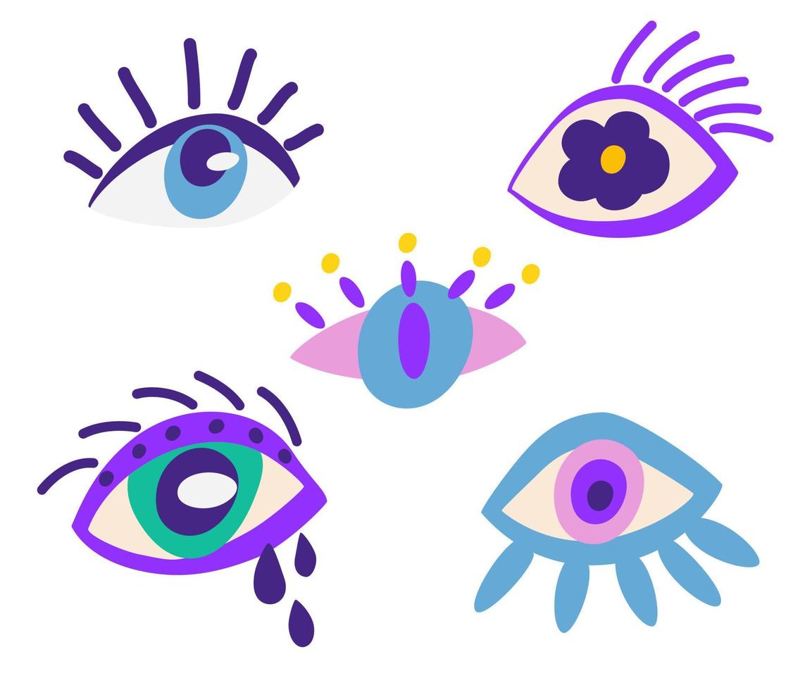 ojos puestos. colección de ojos malvados, ra, turcos, griegos y esotéricos de diferentes formas, resaltados en un fondo blanco. elementos coloridos de la clarividencia. ilustración vectorial de dibujos animados. vector