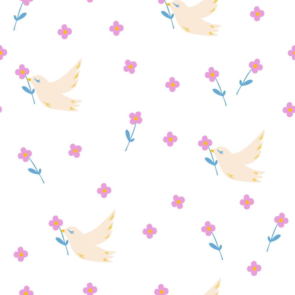 Pigeon and flowers seamless pattern. Background with birds, flowers, leaves, berries. For textiles, clothing, bed linen, Wallpaper, wrapping paper, poster template. Hand drawnVector illustration. vector