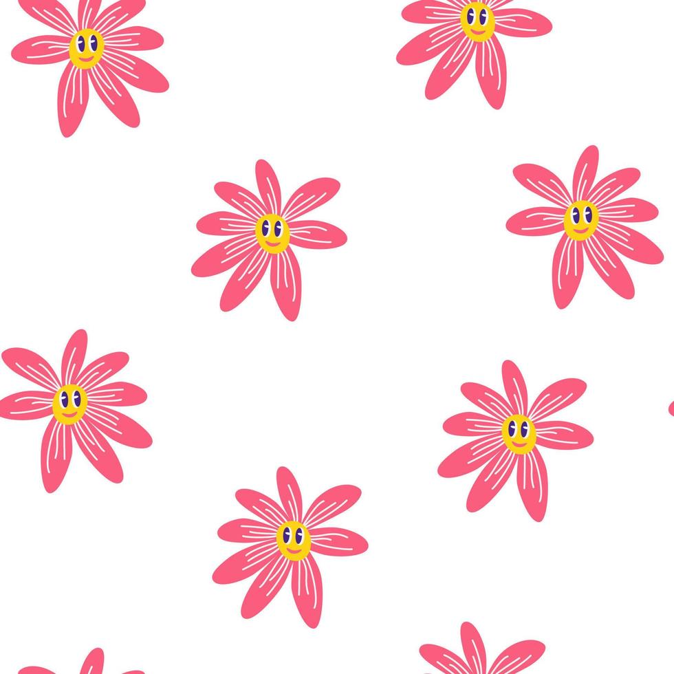 Chamomile flowers with faces seamless pattern. Floral Background, Wallpaper, wrapping paper, poster template. Hand drawn Trendy Vector illustration.