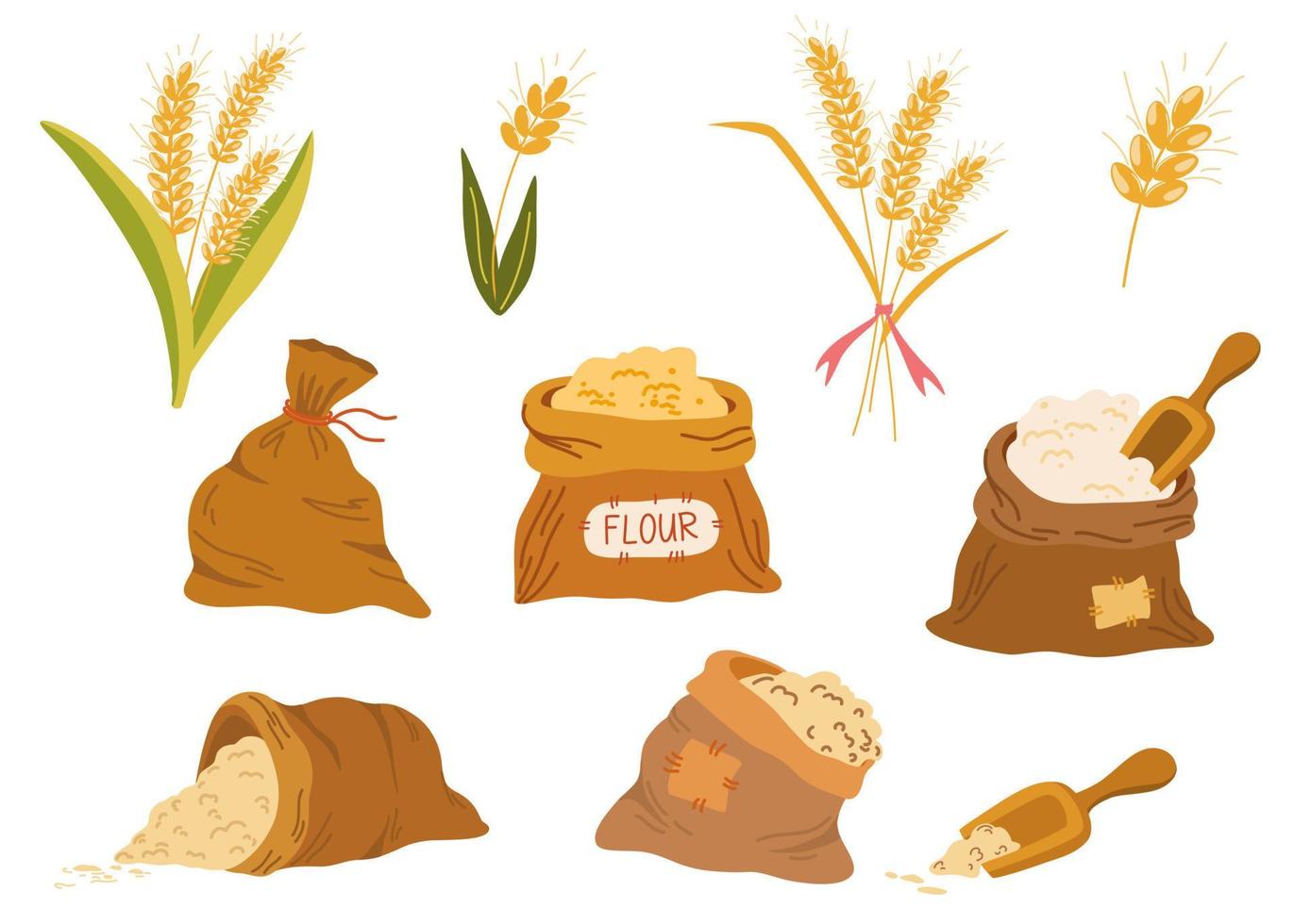 juego de bolsas de harina y espigas. trigo, centeno, espiga de centeno, símbolo de agricultura, pan, cosecha. tallos enteros, un elemento vegetariano orgánico del envasado de alimentos. ilustración plana vectorial. vector