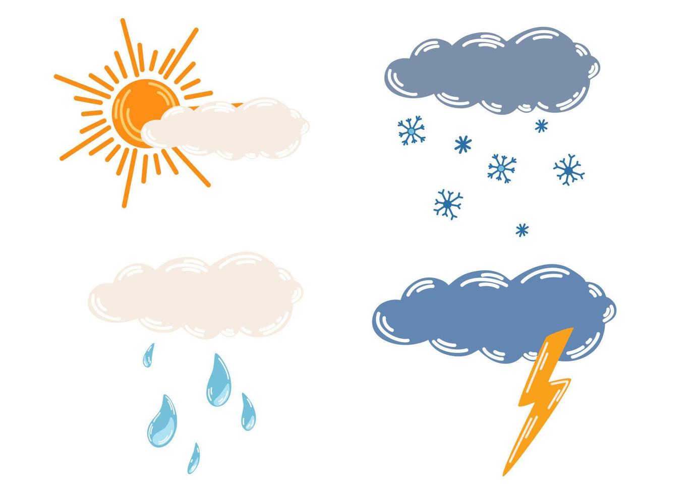 Weather clouds. Different clouds with rain, snow, thunderstorm and sun. Meteorological. Thunderstorm weather symbol for web printing and applications. Vector Hand drawn illustration isolated