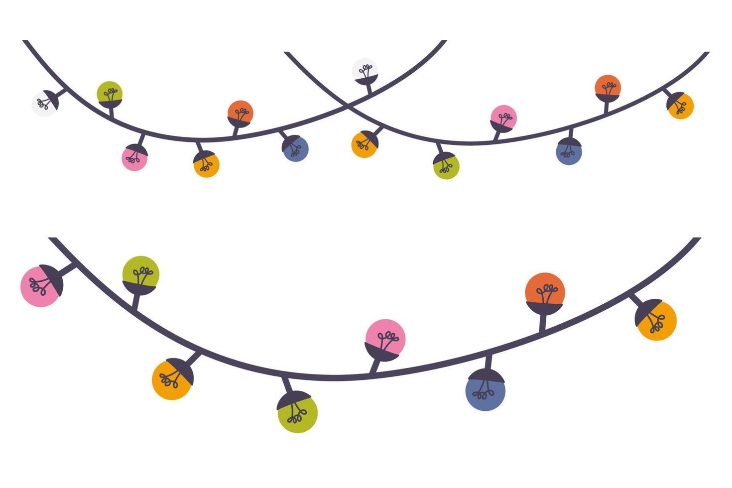 Christmas lights. Colorful Christmas garlands. Red, yellow, blue and green light bulbs glow on the wires. Decoration for home and interior. Flat vector illustrations isolated on white background
