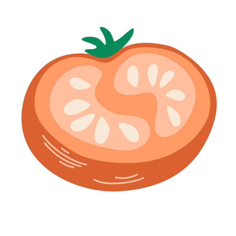 Tomato. Ripe tomato slice. Vegetables. Healthy foods. Vector cartoon illustration. Isolate on a white background.