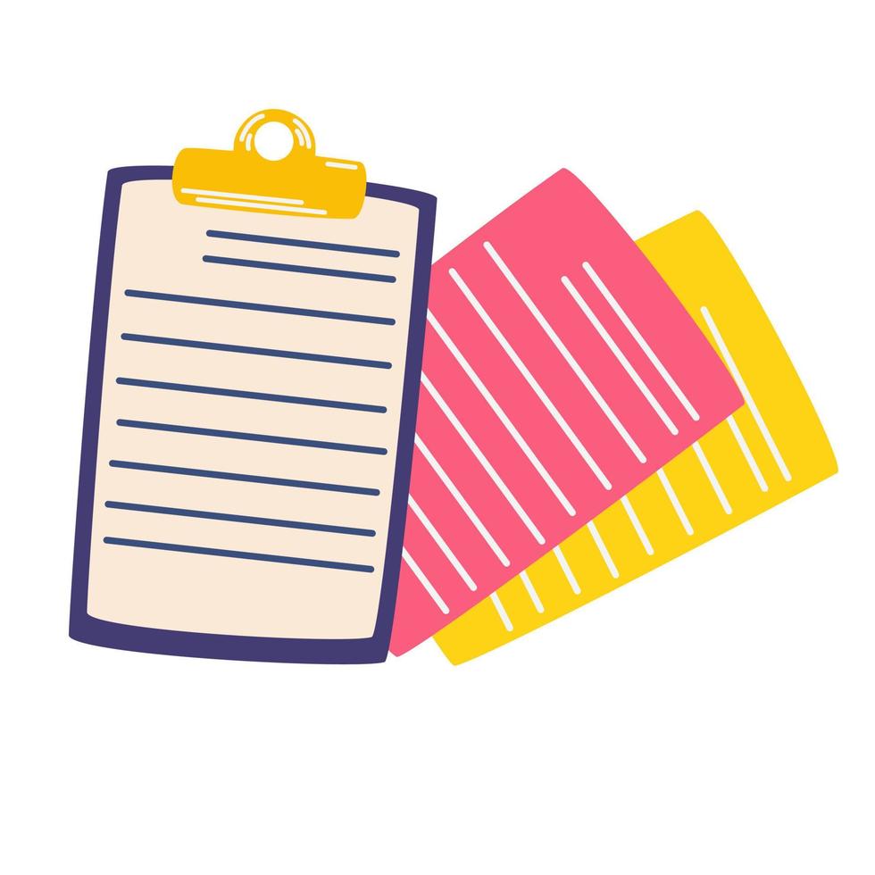Contract documents. Documents with paper sheets, signatures and sticky notes. Employment business and finance. Hiring. Vector cartoon illustration isolate on a white background.