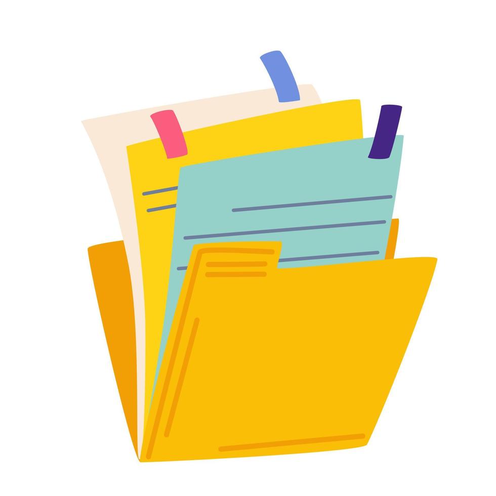 Folder with documents. Employment business and finance. Hiring. Folder of documents with paper sheets and sticky notes. Vector cartoon illustration isolate on a white background.