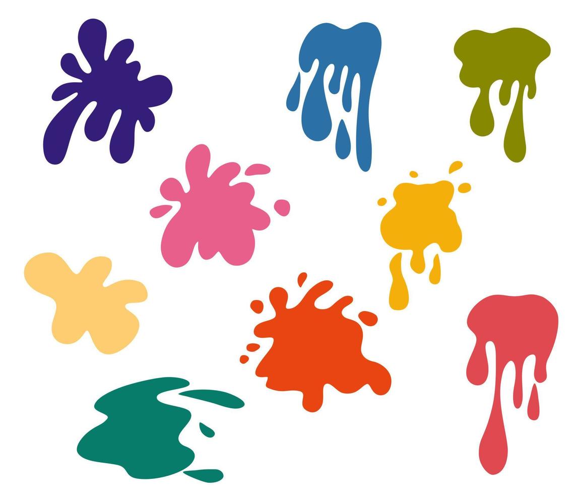 Spray paint set. Colorful collection of splashes, liquids of decorative shapes. Various splashes and drops, cartoon splashes. Colored link paints. Vector cartoon illustration isolate