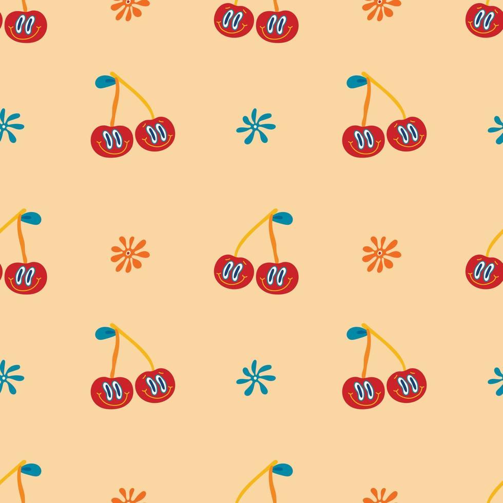 Psychedelic seamless patterns in retro 70s style, groovy hippie backgrounds. Teen funky print with crazy cherries and hippie-style flowers. vector