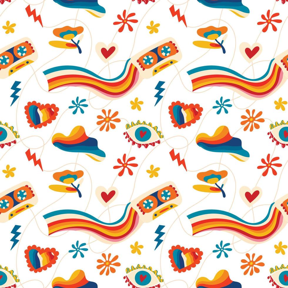 Psychedelic seamless patterns in retro 70s style, groovy hippie backgrounds. Teen cartoon funky print with abstract bright colors, stars, sun, crazy cherries vector