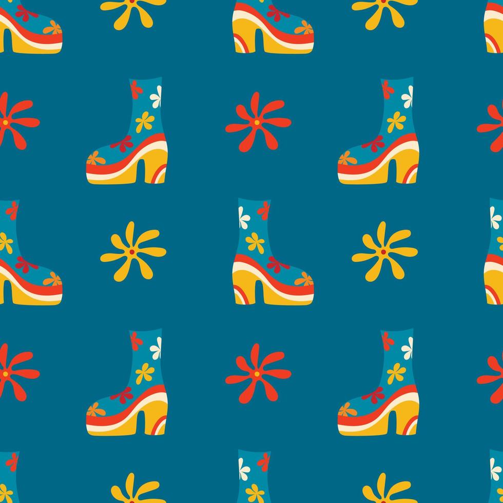Vector seamless patterns, groovy hippie backgrounds, Retro 70s psychedelic. Bright funky print with flowers, mushrooms, nippy boots, a set of vector drawings in the hippie style.