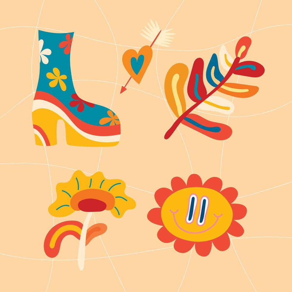 elementos de diseño vectorial, ilustraciones hippie geniales, psicodélico retro de los años 70. un estampado funky brillante con flores, ropa al estilo hippie, un conjunto de dibujos vectoriales al estilo hippie. vector