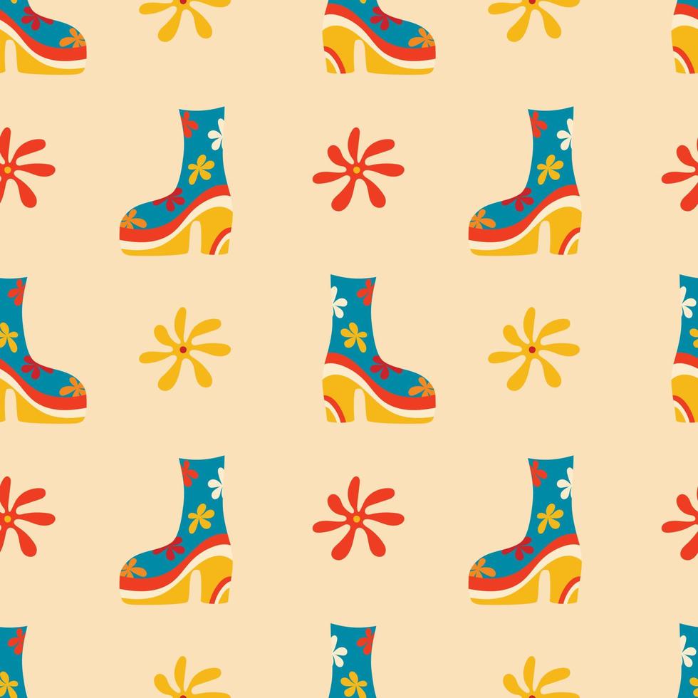 Vector seamless patterns, groovy hippie backgrounds, Retro 70s psychedelic. Bright funky print with flowers, mushrooms, nippy boots, a set of vector drawings in the hippie style.
