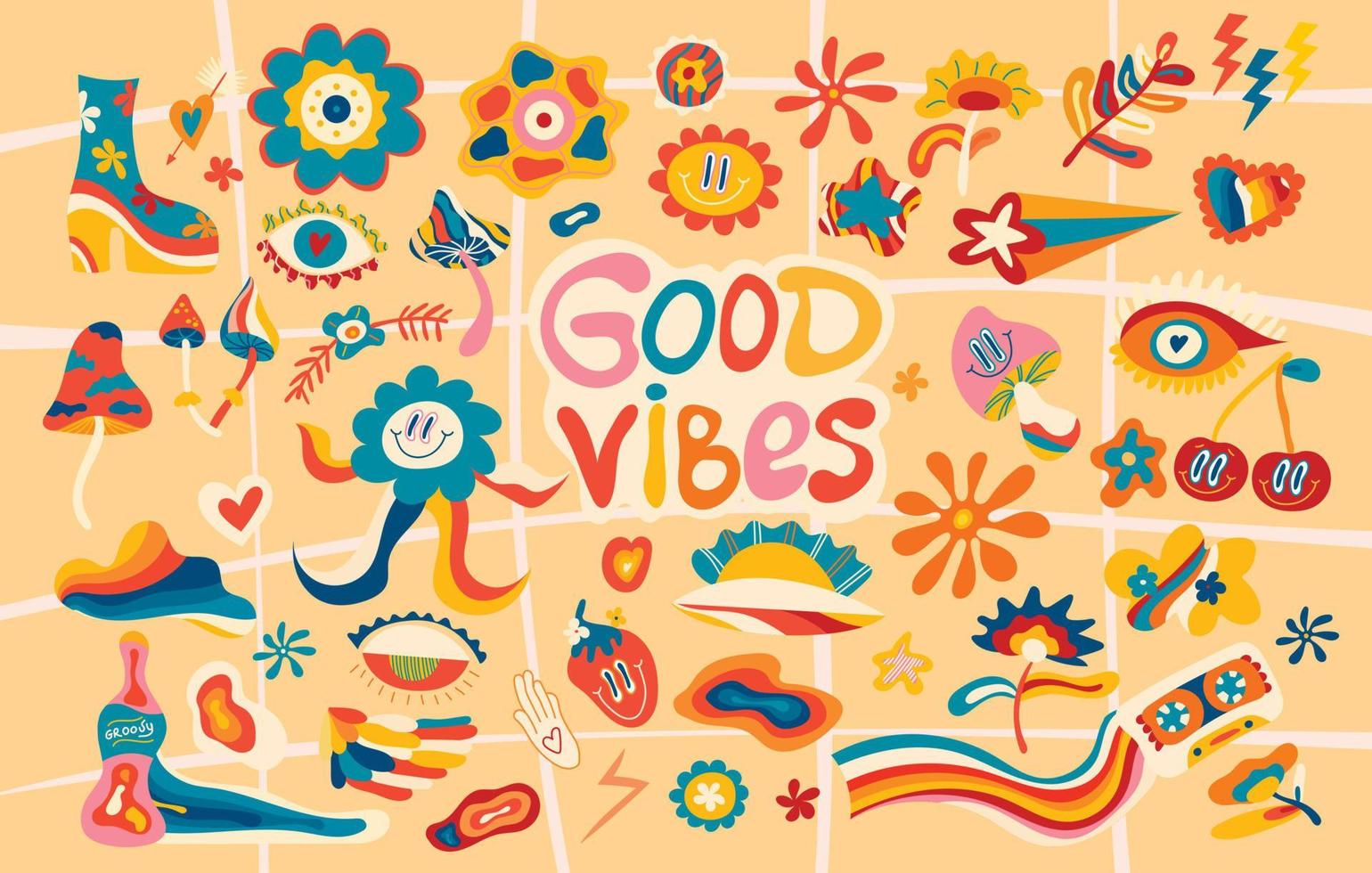 A large vector set of retro groove elements from the 70s, cute stickers in the funky hippie style. Cartoon flowers, mushrooms, hearts, cherries, sun, good vibes, hippie collection.