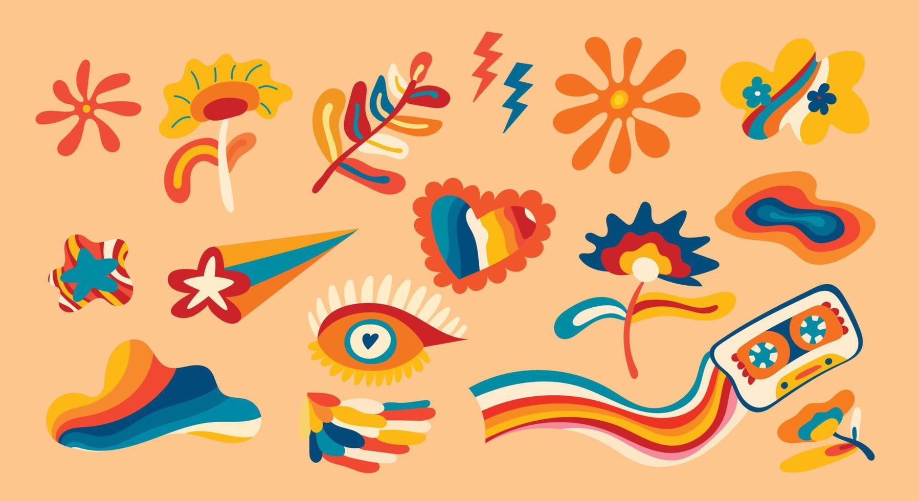 A large set of elements of the retro groove of the 70s, cute stickers in the style of funky hippies. Cartoon flowers, mushrooms, hearts, cherries, sun, good vibes, hippie collection. vector