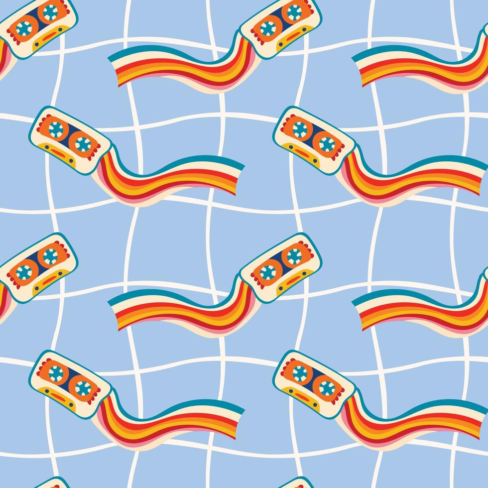 Psychedelic seamless patterns in retro 70s style, groovy hippie backgrounds with a music cassette and a rainbow. Teen cartoon funky print vector