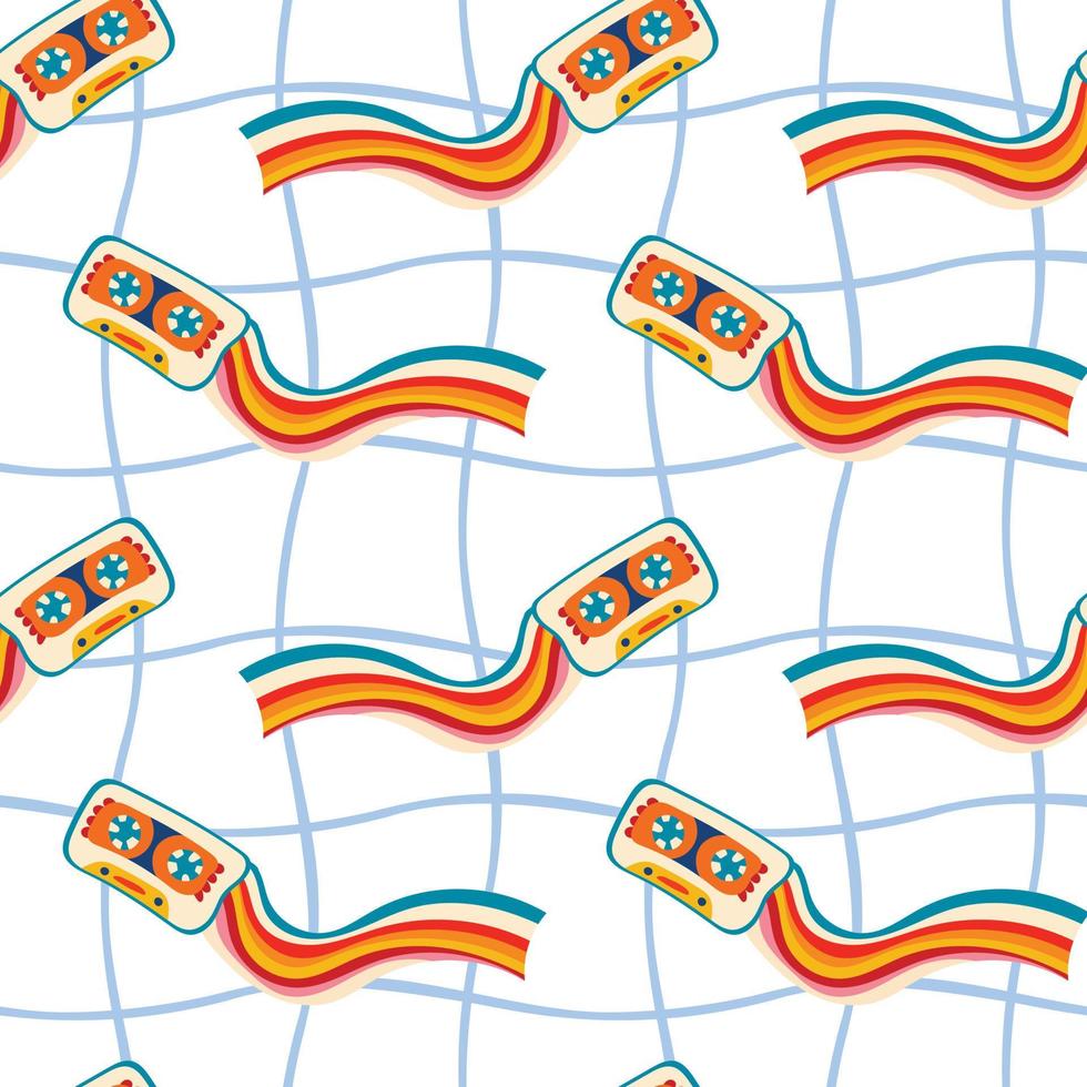 Psychedelic seamless patterns in retro 70s style, groovy hippie backgrounds with a music cassette and a rainbow. Teen cartoon funky print vector