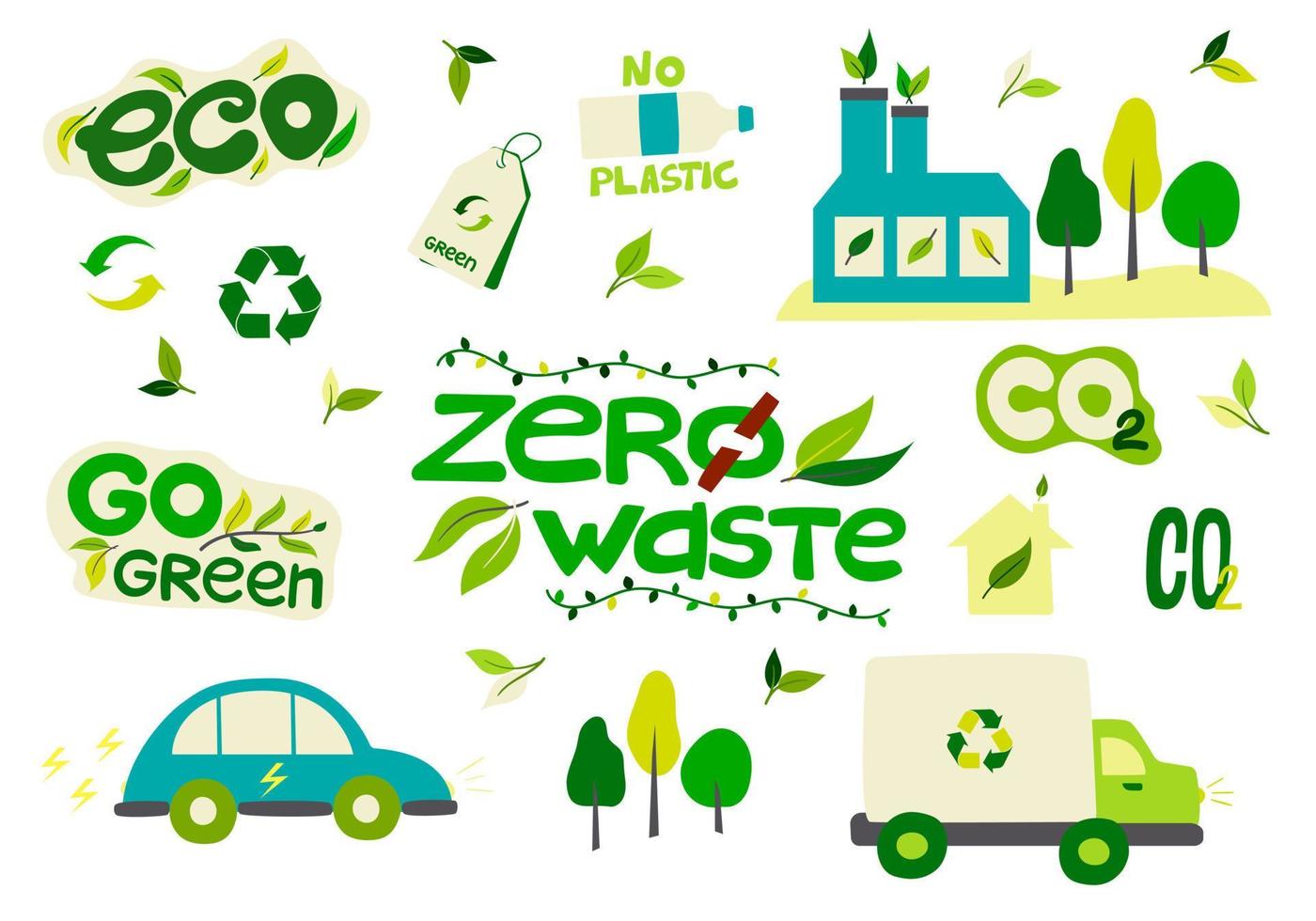 Collection of environmental illustrations with slogans-zero waste, waste recycling, ecology, save the planet, save the world. Set of decorative design elements on a Flat style, vector illustration.