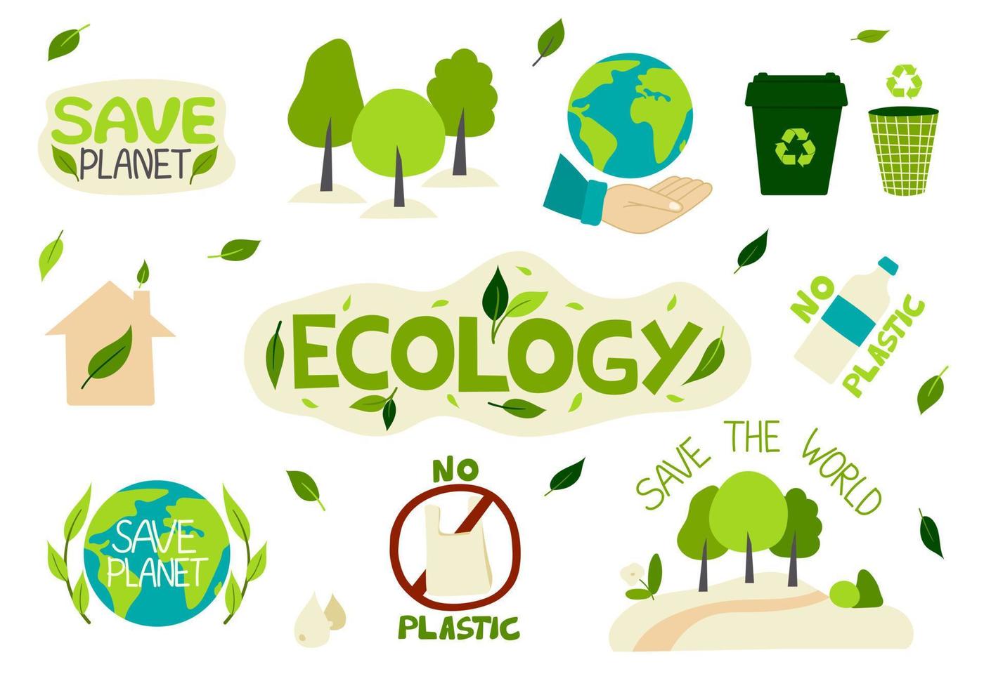 A collection of environmental stickers with the words-zero waste, ecology, save the planet, eco, recycling, no plastic. A set of decorative design elements. Flat vector illustration.